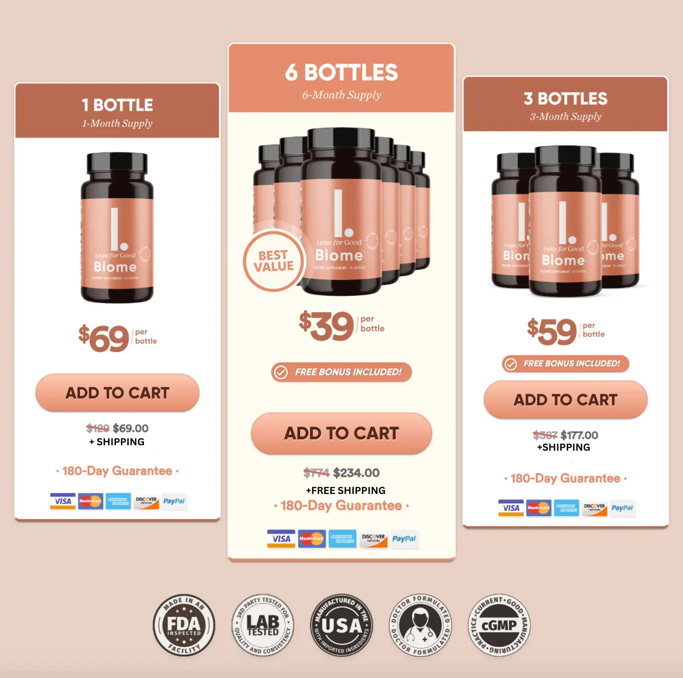 LeanBiome discounted pricing packages - 1, 3, and 6 bottle options